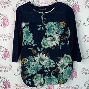 Van Heusen long sleeve flowers top shirt blue Navy Floral Blouse with Lace